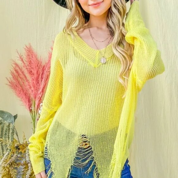 And The Why Distressed Mesh V Neck Spring Sweater Cover Up - Picture 5 of 9